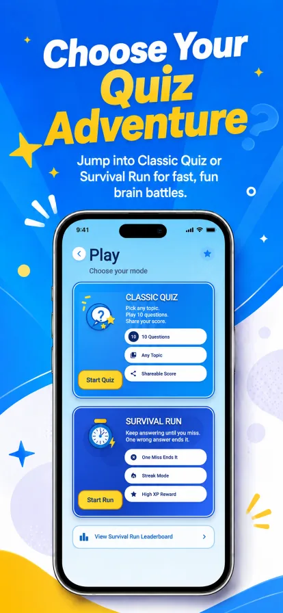 Trivia Tussle Play screen showing Classic Quiz and Survival Run mode cards.