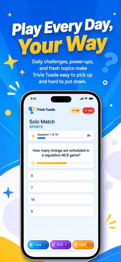 Solo Match screen showing a sports trivia question, four choices, timer, progress, and power-ups.