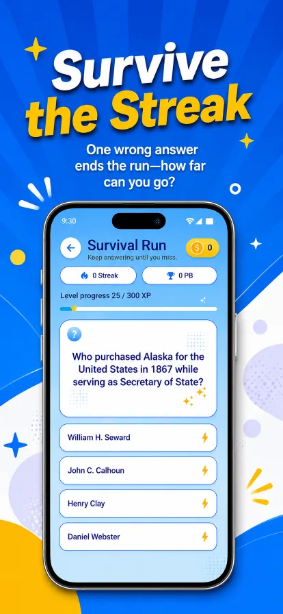 Survival Run screen showing a streak counter, progress bar, trivia question, and four answer choices.