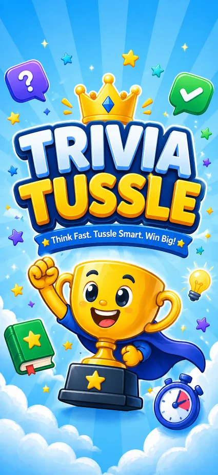 Trivia Tussle trophy character surrounded by trivia symbols